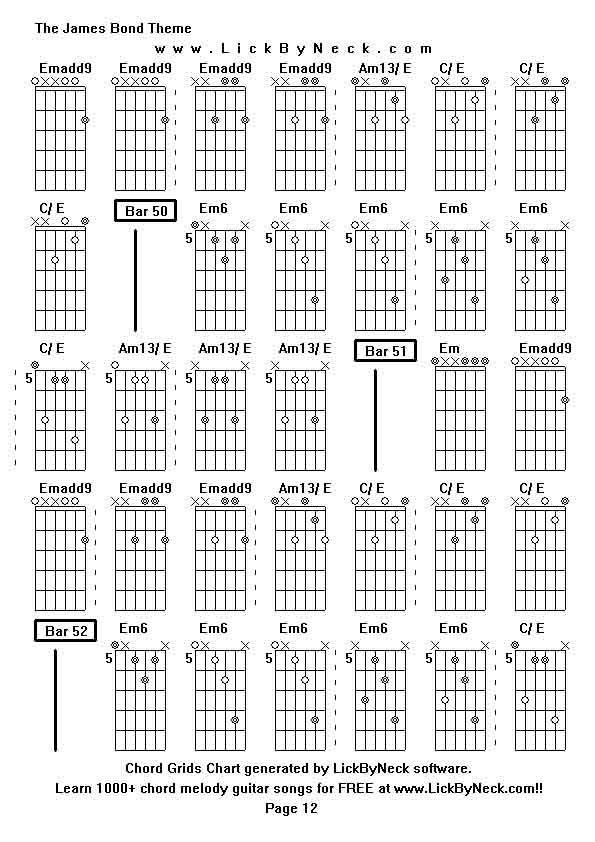 Chord Grids Chart of chord melody fingerstyle guitar song-The James Bond Theme,generated by LickByNeck software.